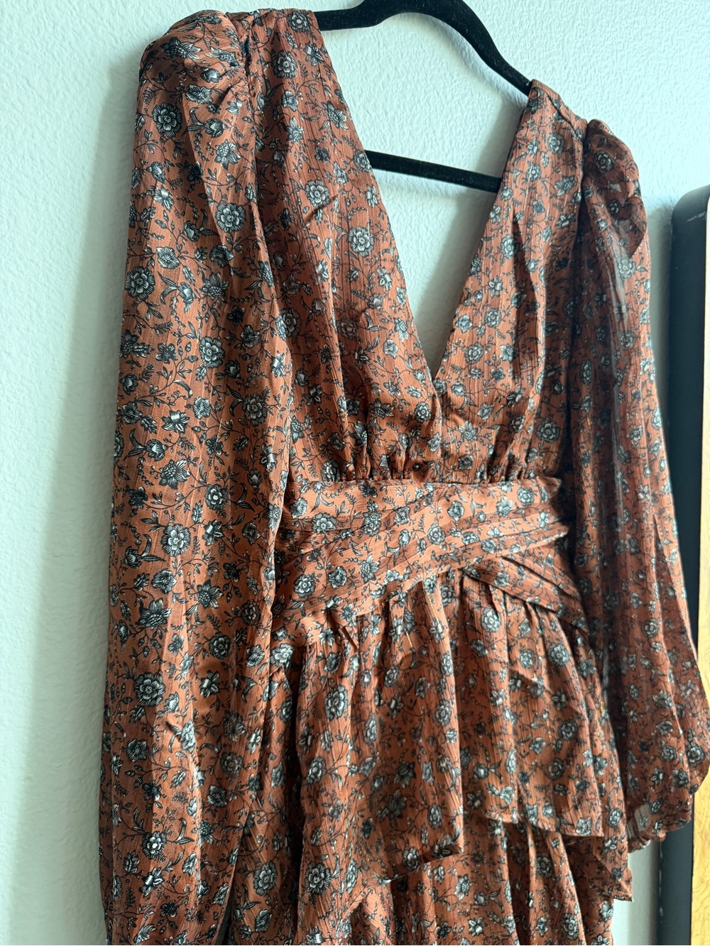 Astr Tiered Brown Floral Maxi Dress with Side Slit - Picture 4 of 5